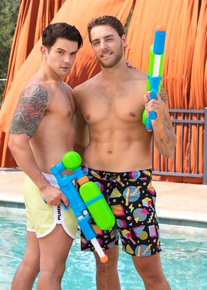 Gay boys Carter Woods & Dakota Payne lose their water guns & fuck poolside