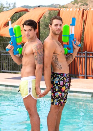 Gay boys Carter Woods & Dakota Payne lose their water guns & fuck poolside